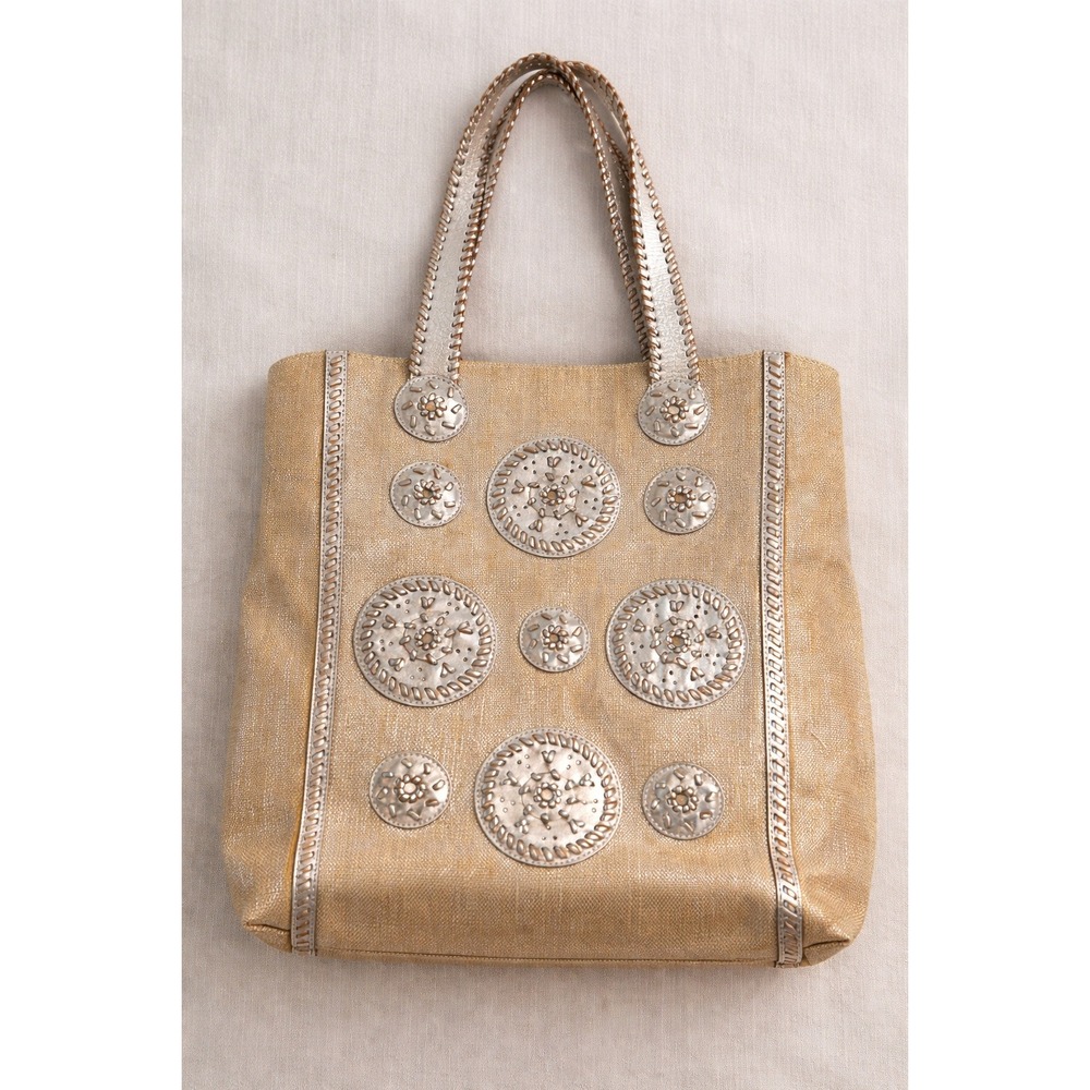 Jack Rogers Gold Metallic Linen Medallion Toteโ Bag Leather Trim Boho